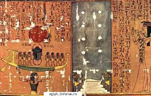 (a) the god nu raising the solar bark which contains the beetle and solar disk and seven gods. above