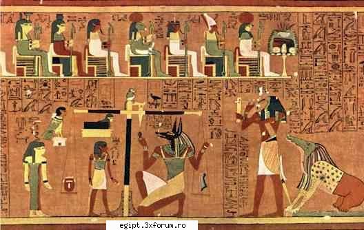 above twelve gods seated in order, as judges before a table of offerings. below the of weighing of