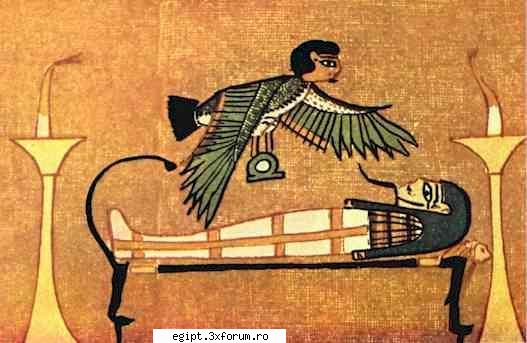 the soul of ani in the form of a hawk with the head of ani visiting his mummy holding the sign of