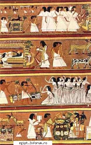 funeral the mummy on a boatshaped hearse, drawn by oxen besides it kneels the mourning wife; in