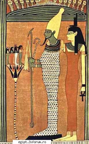 osiris, isis within a shrine before them a lotus flower on which stand the four children of horus,